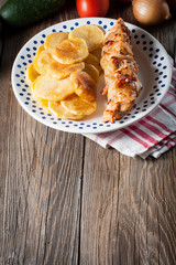 Shashlik with fried potatoes.