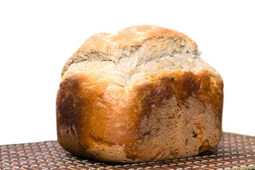 Homemade bread on bamboo tray on a white background