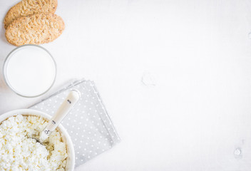 Healthy breakfast with cottage cheese, grain cookies, milk