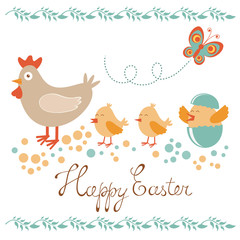 Cute Easter card with chicken and chicks