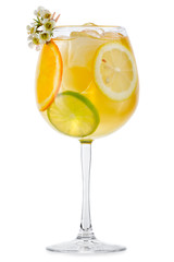 Full glass of fresh cool tonic with fruits isolated on white