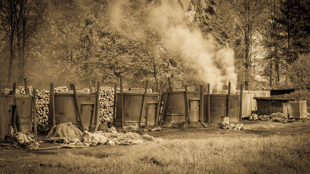 Fototapeta Traditional way of charcoal production