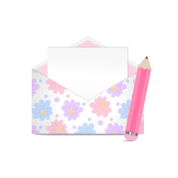 Vector envelope with flower pattern and pink pencil
