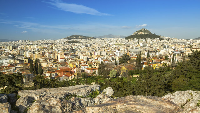 Top view of the Athens and Lycabettus Hill in Greece.