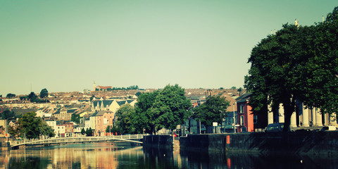 Fototapeta na wymiar View on the River Lee - vintage effect. Early morning in Ireland