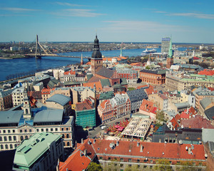 Fototapeta na wymiar Old Riga view from St. Peter's Church - vintage effect. Latvia.