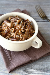 Buckwheat with roasted mushrooms in a bowl