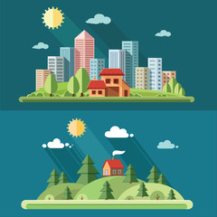 Nature set - Country house on a background of a big city. rural