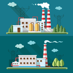 Industrial landscape set - industry factory. Flat style vector i