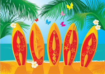 Fototapeta na wymiar Summer Holiday Postcard - surf boards with hand drawn text Aloha