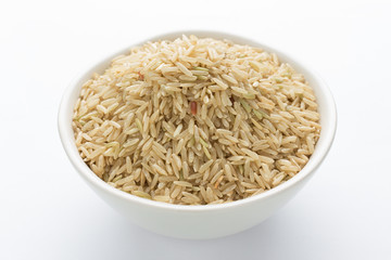 Rice in bowl on white background