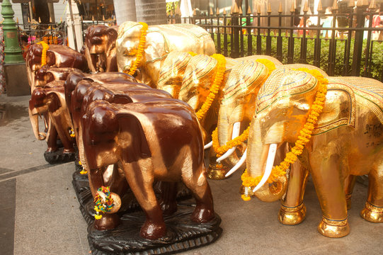 Wood Elephants at Erawan Shrine in Bangkok .