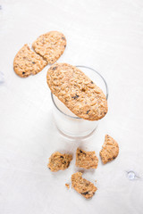 Healthy breakfast with cottage cheese, grain cookies, milk
