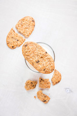 Healthy breakfast with cottage cheese, grain cookies, milk