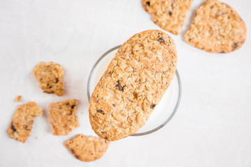 Healthy breakfast with cottage cheese, grain cookies, milk