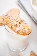 Healthy breakfast with cottage cheese, grain cookies, milk