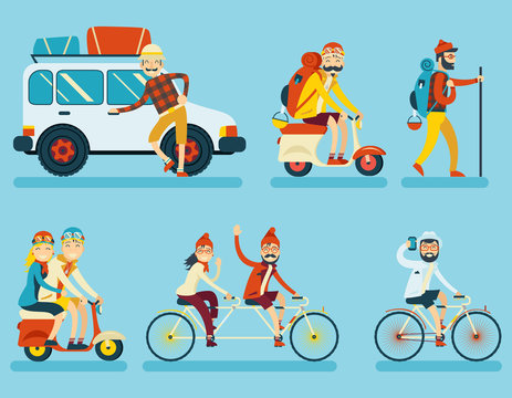 Happy Smiling Man Geek Hipster Character with Car Traveler