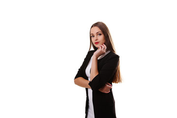 Obraz premium Young beautiful female model in white dress on gray background