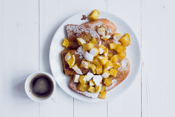 Eggy bread with stewed apples and coffee