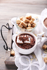 Hot chocolate with marshmallows in mug,