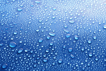 Naklejka na ściany i meble Water drops on glass on blue background
