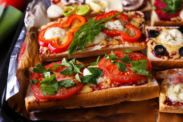 Different sandwiches with vegetables and cheese on pan close up