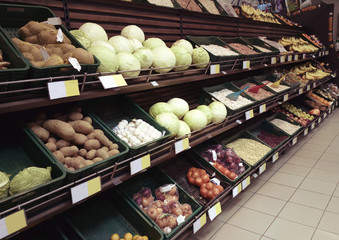 Vegetables and fruits on the shelf in the supermarket