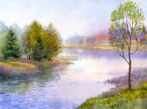 Watercolor landscape. Tree on the bank of river