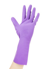 Rubber glove on hand, isolated on white