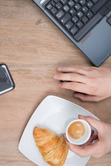 Coffee, business data and hand