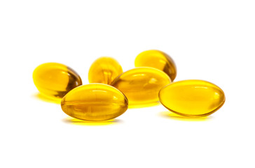 Fish oil supplement product capsules isolated on white backgroun