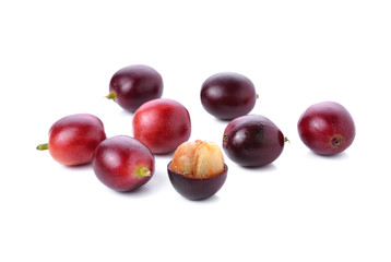 ripe coffee beans on white background
