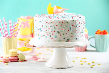 Birthday decorated cake on colorful background