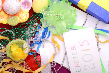 Easter setting with gift box and spring decoration