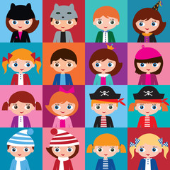 Schoolgirls and schoolboys with different hairstyles and hats.
