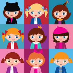 Schoolgirls and schoolboys with different hairstyles and hats.