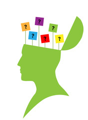 Human head with question mark tags