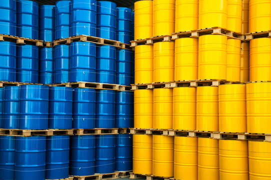 Blue and yellow oil drums