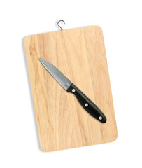 Wooden cutting board with a kitchen knife. Isolated on white