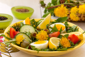 Dandelion salad with boiled eggs