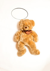 cute teddy bear with copyspace speech bubble lying on floor