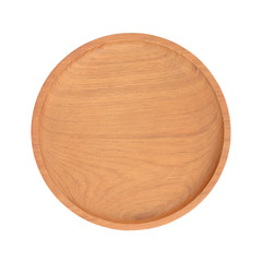 Wooden tray plate from above isolated white background