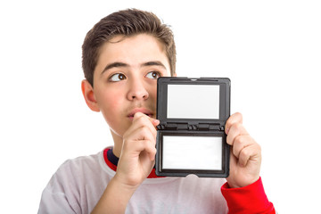 Caucasian smooth-skinned boy looking up to his left with blank s