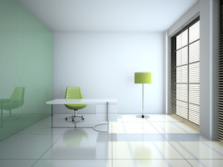 Modern office interior with glass wall 3D rendering