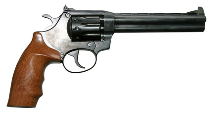 isolated modern two-colored firearm revolver gun - obrazy, fototapety, plakaty