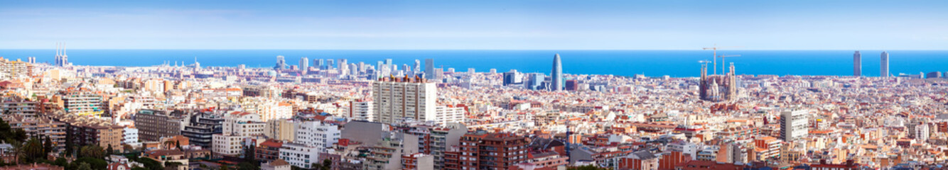 panorama of Barcelona and Mediterranean Sea in sunny day