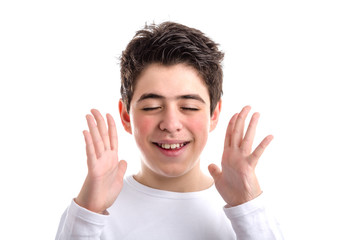 Fototapeta premium Caucasian smooth-skinned boy waving open hands along the sides o