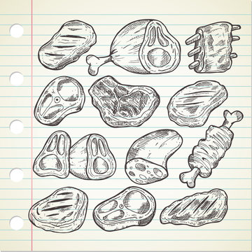 Set of meat in doodle style