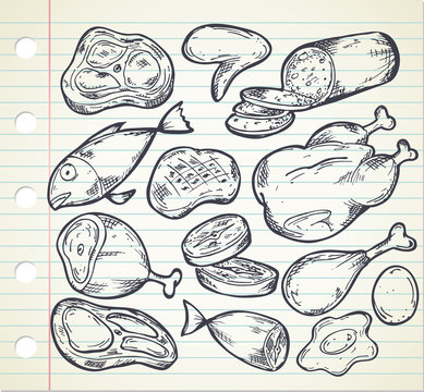 set of meat in doodle style