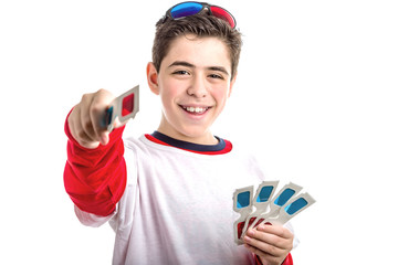 Caucasian smooth-skinned boy wears 3D glasses offering one